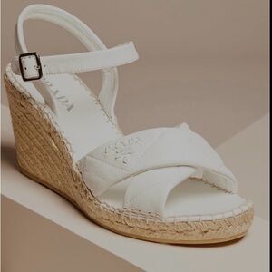 Prada White Leather Criss Cross-Strap Espadrille Wedges